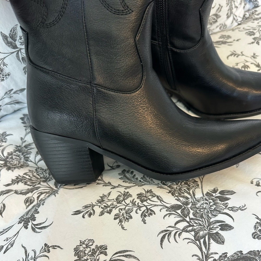Black Knee High Western Cowboy Boots Flame Stitch Embroidery Zip Pointed Toe 7 - Picture 3 of 4